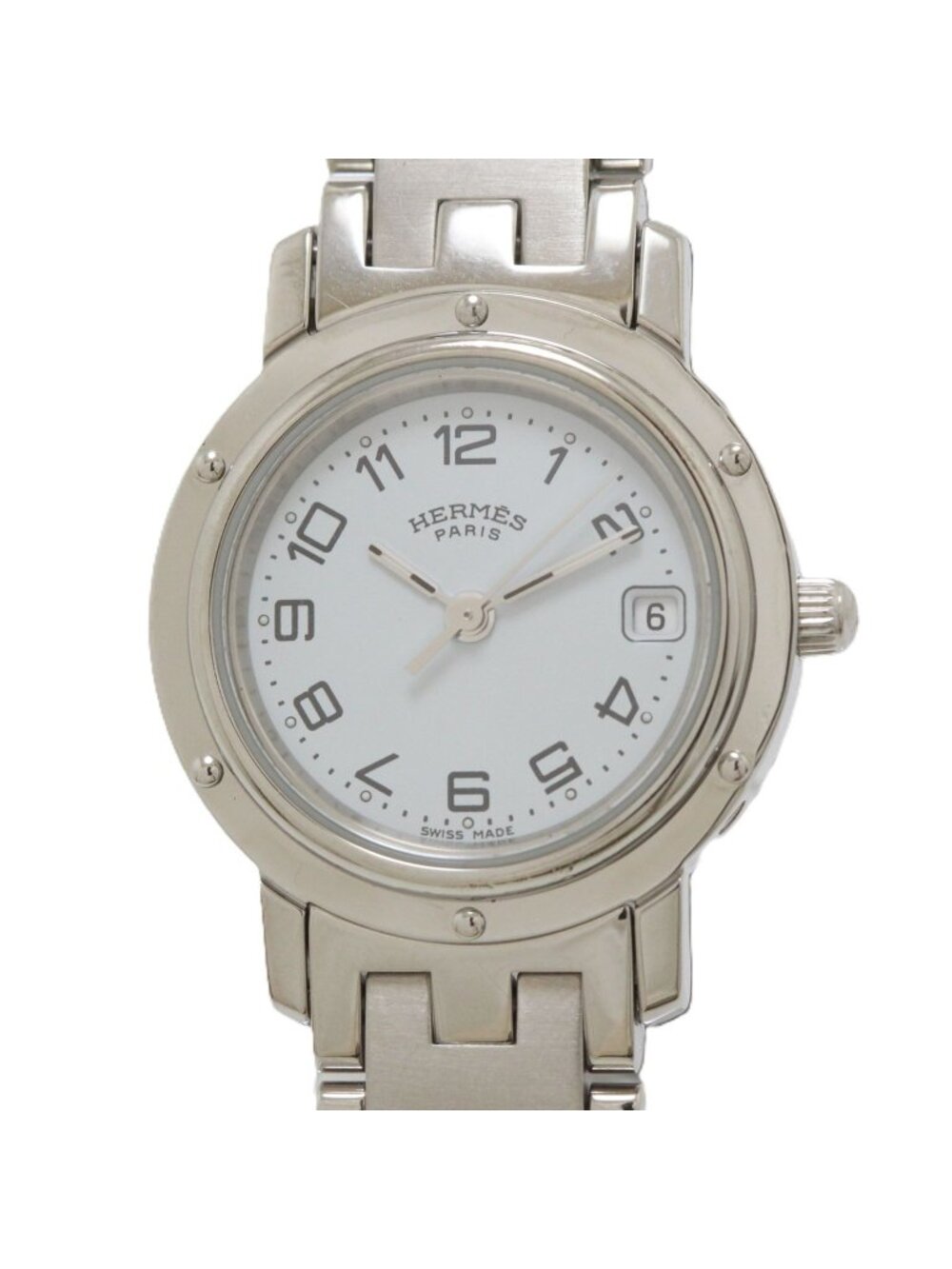 Hermes Clipper Watch SS Stainless Steel White Arabdial Quartz